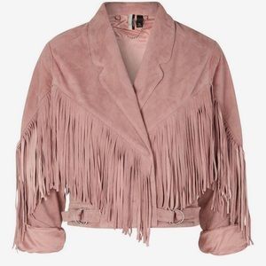 Light pink suede fringe moto cut jacket